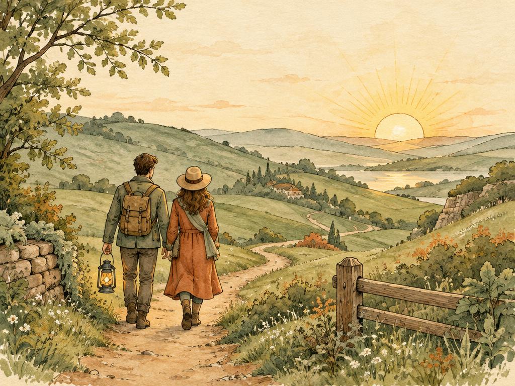 Pareja caminando por un sendero al amanecer